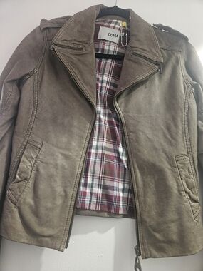 Doma Taupe Leather Moto Jacket with Plaid Lining